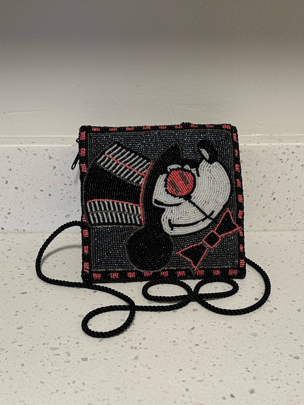 Mickey and Co Black and White Beaded Crossbody Bag with Red Accents